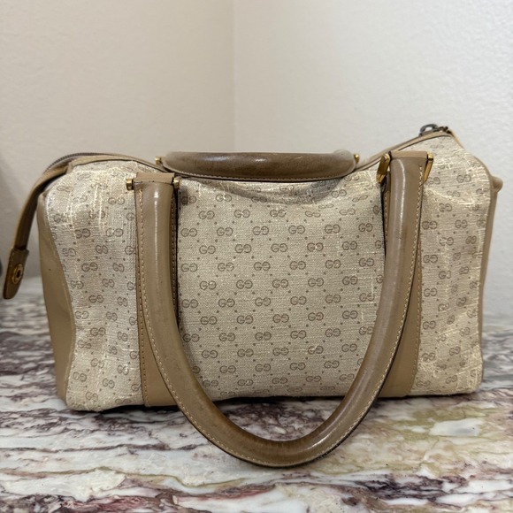 Vintage Gucci GG Monogram Boston Bag Tan Leather Trim top handle FLAW - Picture 3 of 16